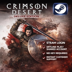 以下が含まれることがあります： Crimson Desert Deluxe Editionのゲームカバーアート。剣と盾を持った戦士が描かれています。Steamのロゴが右上隅にあります。「Steam Login」、「Offline Play/Shared Account」、「No Key Required」、「Instant Customer Support」の文字が含まれています。