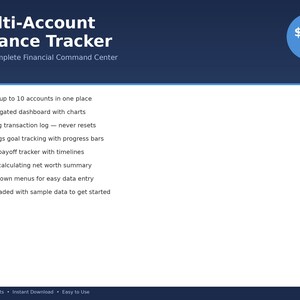 Może przedstawiać: Produkt cyfrowy zatytułowany "Multi-Account Finance Tracker" z ciemnoniebieskim nagłówkiem i białym tłem. Funkcje produktu obejmują śledzenie do 10 kont, pulpit nawigacyjny z wykresami i narzędzie do śledzenia spłaty zadłużenia. Cena jest wyświetlana w niebieskim okręgu.