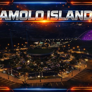 May include: A nighttime landscape featuring the text "AMOLO ISLAND" in silver lettering. The scene includes a circular building, palm trees, and a purple-lit dome. The image has a futuristic, neon-lit aesthetic.