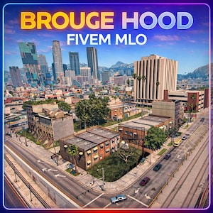 May include: A digital rendering of a cityscape with the text "BROUGE HOOD FIVE MLO" in yellow and white. The image features a detailed view of buildings, roads, and vehicles, with a vibrant blue sky and a colorful border.