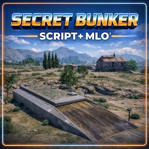Puede incluir: Imagen con el texto "SECRET BUNKER" en naranja y azul, con "SCRIPT + MLO" debajo. La escena muestra una estructura de hormigón con una rampa, situada en un paisaje con montañas y un edificio.