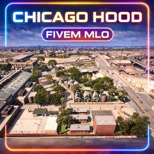 Puede incluir: Vista aérea de una escena urbana con el texto "CHICAGO HOOD" y "FIVE MLO" en un marco de estilo neón. La imagen muestra edificios, carreteras y árboles, con un enfoque en el desarrollo urbano y la arquitectura.