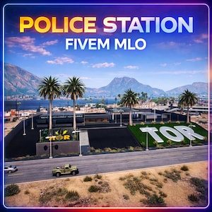 May include: A digital rendering of a police station with the text "POLICE STATION FIVE MLO" in yellow and blue. The scene includes palm trees, a road, and a mountain range in the background.