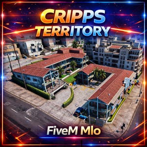 以下が含まれることがあります： オレンジと青色の「CRIPPS TERRITORY」というテキストが表示された都市のシーンの航空写真。赤いタイルの屋根、ヤシの木、そして下部に「FiveM Mlo」というテキストが表示された建物が特徴です。