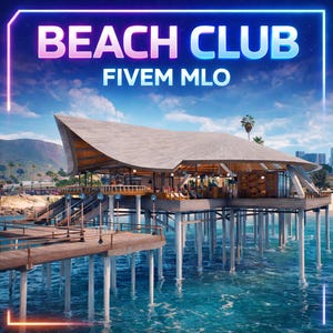Puede incluir: Una representación arquitectónica de un club de playa sobre pilotes sobre agua turquesa. El edificio tiene un diseño moderno con un techo inclinado y grandes ventanas. El texto "BEACH CLUB FIVE MLO" se muestra en estilo neón.