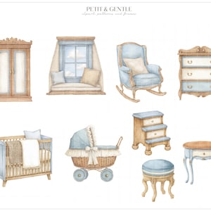 May include: A collection of watercolour illustrations featuring nursery furniture including a wooden wardrobe, a window seat, a blue rocking chair, a three-drawer dresser, a crib with bedding, a wicker baby carriage, a step stool, and a small table.