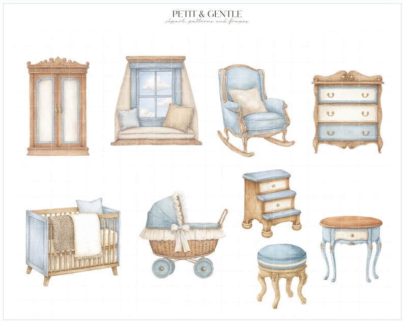 May include: A collection of watercolour illustrations featuring nursery furniture including a wooden wardrobe, a window seat, a blue rocking chair, a three-drawer dresser, a crib with bedding, a wicker baby carriage, a step stool, and a small table.