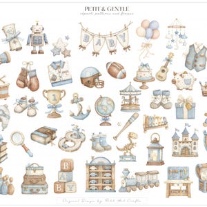 May include: A collection of watercolour illustrations featuring baby-themed items in blue and beige tones, including a robot, football, globe, castle, train, toy blocks spelling BABY, a banner, balloons, and various nursery accessories on a white background.