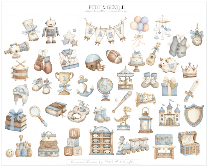 May include: A collection of watercolour illustrations featuring baby-themed items in blue and beige tones, including a robot, football, globe, castle, train, toy blocks spelling BABY, a banner, balloons, and various nursery accessories on a white background.