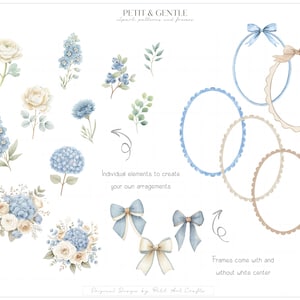 May include: A digital collection of watercolour illustrations featuring blue and cream flowers, greenery, bows, and oval frames. Text includes PETIT & GENTLE, clipart patterns and frames, Individual elements to create your own arrangements, Frames come with and without white centre, and Original Design by Petit Art Crafts.