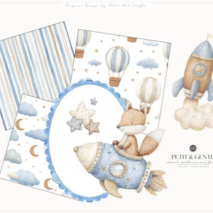 May include: A digital art collection featuring watercolour illustrations of a fox in a blue rocket, hot air balloons, stars, clouds, and moons. Includes striped patterns and a scalloped oval frame. Text reads PETIT & GENTLE clipart, patterns and frames.
