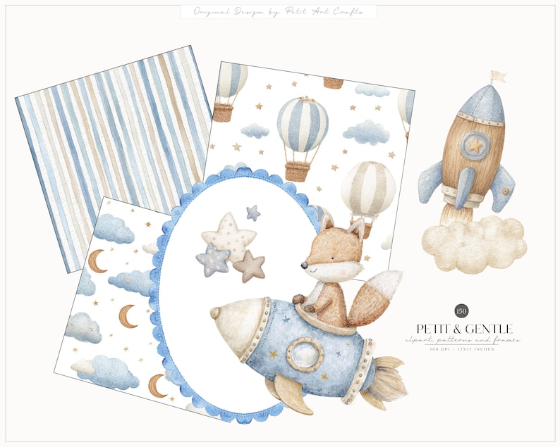 May include: A digital art collection featuring watercolour illustrations of a fox in a blue rocket, hot air balloons, stars, clouds, and moons. Includes striped patterns and a scalloped oval frame. Text reads PETIT & GENTLE clipart, patterns and frames.