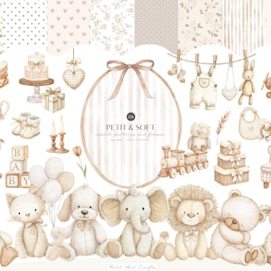 Puede incluir: Una colección digital de ilustraciones en acuarela beige y crema con animales bebés, juguetes y decoración de guardería. El marco ovalado central muestra el texto PETIT & SOFT clipart patterns and frames, rodeado por un pato, gato, perro, elefante, león, oso, oveja, tren y globos.