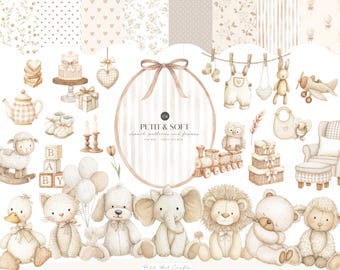 Watercolor Neutral Baby Shower Clipart, Nursery Heirloom Baby Toys PNG, Plush Animals PNG, Digital Download