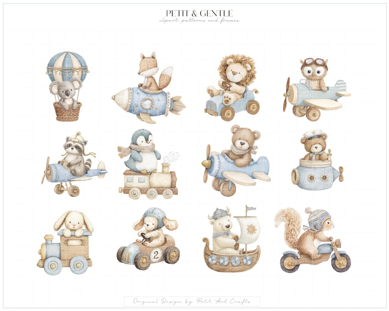 May include: A collection of watercolour illustrations featuring animals in various vehicles, including a koala in a hot air balloon, a fox in a rocket, a lion in a car, an owl in a plane, a raccoon in a plane, a penguin on a train, a bear in a plane, a bear in a submarine, a rabbit on a train, a dog in a race car, a polar bear in a boat, and a squirrel on a motorcycle. The text PETIT & GENTLE is at the top.