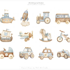 May include: A collection of watercolour illustrations featuring a submarine, rocket, tractor, van, Viking ship, aeroplane, rocking horse, tricycle, and four different cars in shades of blue, brown, and cream, labelled PETIT & GENTLE clipart patterns and frames.