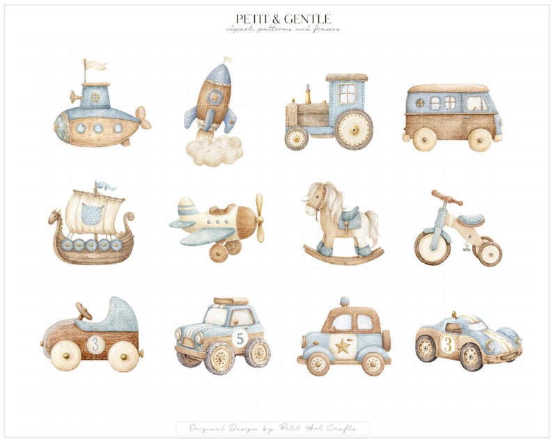 May include: A collection of watercolour illustrations featuring a submarine, rocket, tractor, van, Viking ship, aeroplane, rocking horse, tricycle, and four different cars in shades of blue, brown, and cream, labelled PETIT & GENTLE clipart patterns and frames.