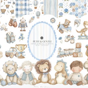 May include: A digital collection of watercolour illustrations featuring blue and brown tones, including teddy bears, a rocket, a robot, a dinosaur, a train, baby blocks, and various animals like a lion and koala, with text reading PETIT & GENTLE.