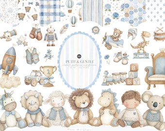Watercolor Blue Boy Nursery Clipart Bundle, Baby Boy Watercolor PNG, Baby Shower Boy Clipart, Plush Animals PNG, Digital Download