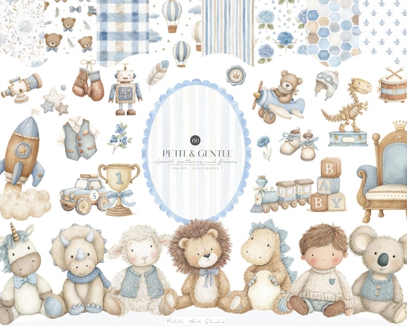 Watercolor Blue Boy Nursery Clipart Bundle, Baby Boy Watercolor PNG, Baby Shower Boy Clipart, Plush Animals PNG, Digital Download
