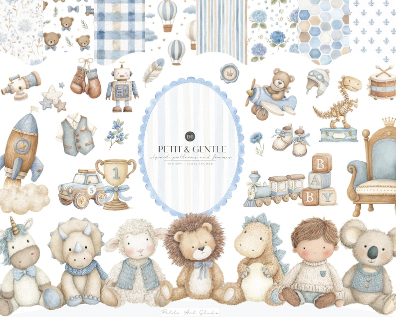 May include: A digital collection of watercolour illustrations featuring blue and brown tones, including teddy bears, a rocket, a robot, a dinosaur, a train, baby blocks, and various animals like a lion and koala, with text reading PETIT & GENTLE.