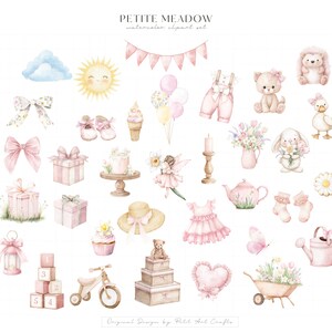 May include: A collection of watercolour illustrations in pastel pink and other soft colours. The image includes a sun, cloud, bows, gifts, a cake, a fairy, a dress, a teddy bear, and other whimsical elements. The text "PETITE MEADOW watercolor clipart set" is at the top.