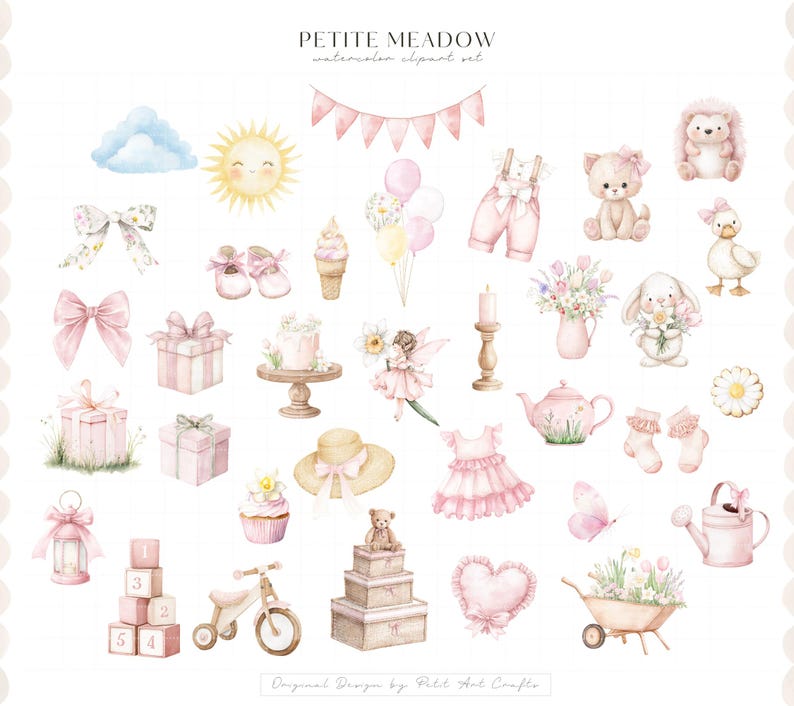 May include: A collection of watercolour illustrations in pastel pink and other soft colours. The image includes a sun, cloud, bows, gifts, a cake, a fairy, a dress, a teddy bear, and other whimsical elements. The text "PETITE MEADOW watercolor clipart set" is at the top.