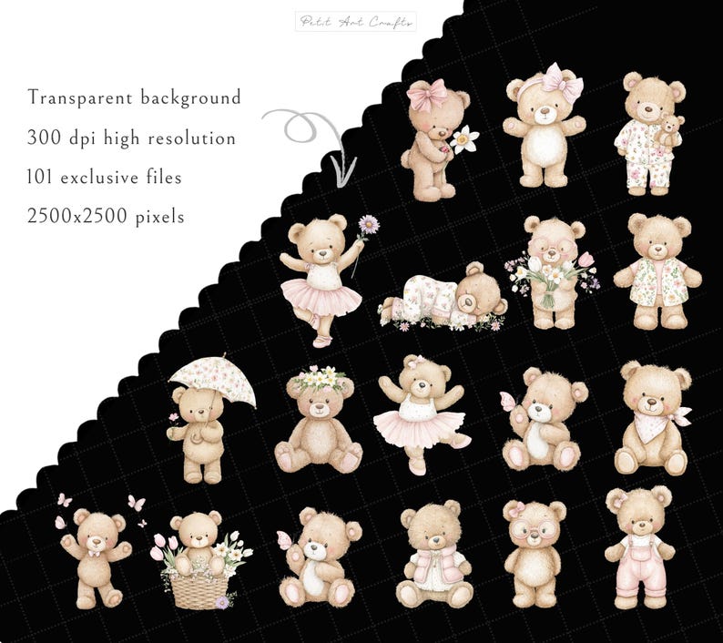 Watercolor Teddybear Clipart, Wild Flowers Meadow, Blush Baby Shower Decor (Digital Download) image 7