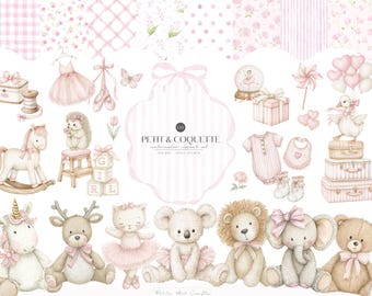 Watercolor Pink Girl Baby Shower Clipart Bundle, Baby Girl Watercolor PNG, Nursery Girl Clipart, Plush Animals PNG, Digital Download