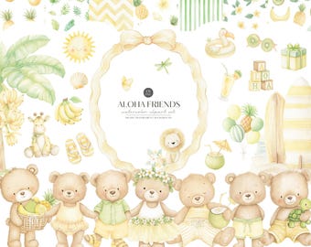 Watercolor Tropical Summer Teddybear Clipart, Summer Baby Animals, Aloha Nursery Tropical Decor (Digital Download)