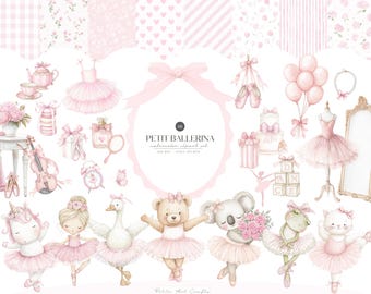 Watercolor Cute Ballerina Animal Clipart Bundle, Babyshower PNG, Nursery Girl Clipart, Digital Download