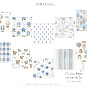 May include: A collection of 10 seamless digital patterns featuring watercolour illustrations in blue and beige tones. Designs include hot air balloons, hydrangea flowers, fleur-de-lis, hexagons, plaid, teddy bears, stripes, and gift boxes. Text reads 12 x 12 inches.