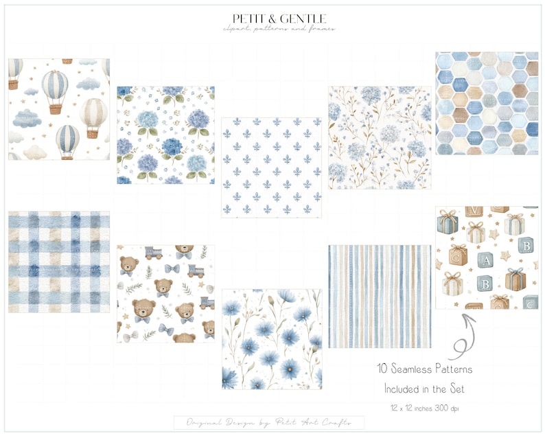 May include: A collection of 10 seamless digital patterns featuring watercolour illustrations in blue and beige tones. Designs include hot air balloons, hydrangea flowers, fleur-de-lis, hexagons, plaid, teddy bears, stripes, and gift boxes. Text reads 12 x 12 inches.