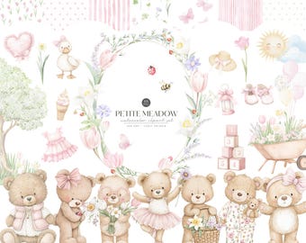 Watercolor Teddybear Clipart, Wild Flowers Meadow, Blush Baby Shower Decor (Digital Download)