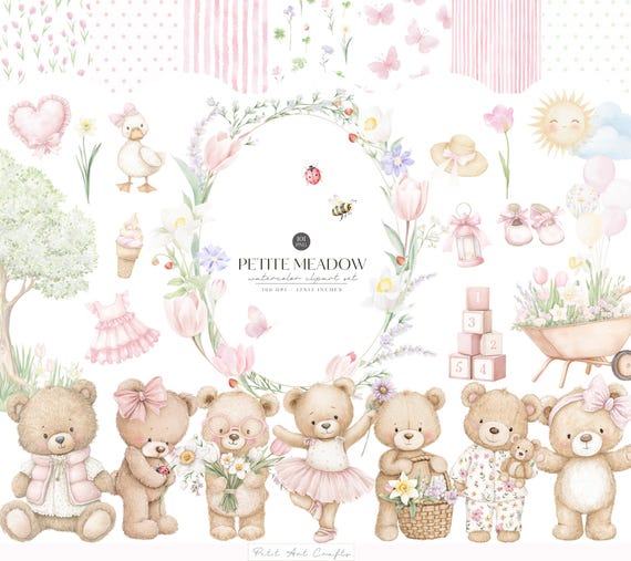 Watercolor Teddybear Clipart, Wild Flowers Meadow, Blush Baby Shower Decor (Digital Download)