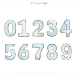 May include: A set of watercolour-style numbers from zero to nine, each featuring a soft light blue fill with a thin, textured brown outline. The text PETIT & GENTLE clipart patterns and frames appears at the top, with Original Design by Petit Art Crafts at the bottom.