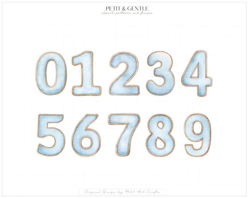 May include: A set of watercolour-style numbers from zero to nine, each featuring a soft light blue fill with a thin, textured brown outline. The text PETIT & GENTLE clipart patterns and frames appears at the top, with Original Design by Petit Art Crafts at the bottom.