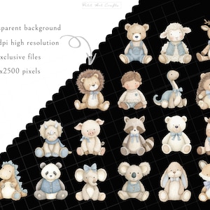 May include: A digital collection of watercolour illustrations featuring various animals including a bear, lamb, deer, lion, dinosaur, hedgehog, pig, raccoon, panda, elephant, koala, rabbit, and fox, all wearing blue accents on a black grid background.