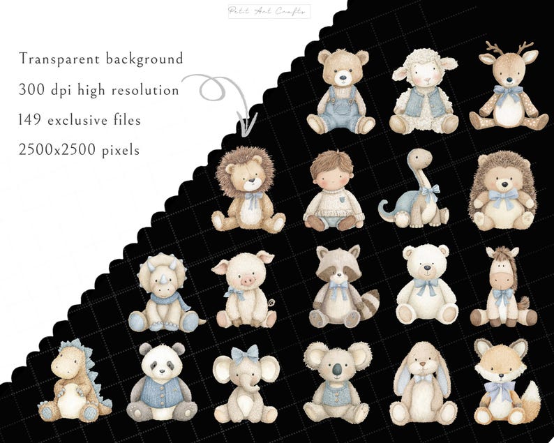 May include: A digital collection of watercolour illustrations featuring various animals including a bear, lamb, deer, lion, dinosaur, hedgehog, pig, raccoon, panda, elephant, koala, rabbit, and fox, all wearing blue accents on a black grid background.