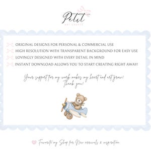May include: A digital graphic featuring the text Petit Art Crafts, followed by a list of features: Original designs for personal & commercial use, high resolution with transparent background, and instant download. A brown teddy bear in a blue aeroplane.