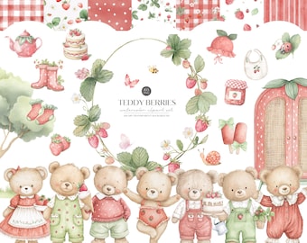 Watercolor Strawberry Teddybear Clipart, Sweet Berry Animals, Strawberry Baby Shower Decor (Digital Download)