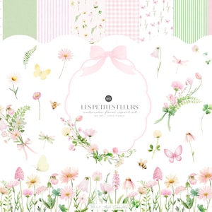 May include: A digital collection of watercolor floral clipart featuring pink and white flowers, green foliage, butterflies, and bees. The central frame is adorned with a light pink bow and the text LES PETITES FLEURS watercolor floral clipart set.