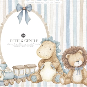 May include: A digital illustration featuring a light blue and beige striped background with an oval frame topped by a blue bow. The frame contains the text PETIT & GENTLE. Below are a watercolour train, a brown dinosaur, and a brown lion.