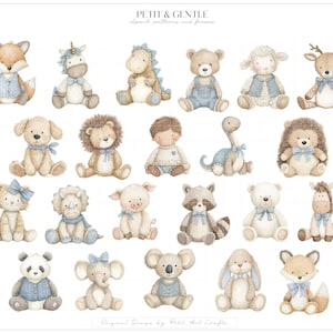 May include: A collection of watercolour illustrations featuring various animals and a child, all wearing blue accents. The text PETIT & GENTLE clipart patterns and frames appears at the top, with Original Design by Petit Art Crafts at the bottom.