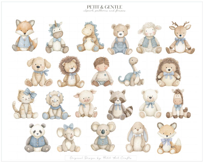 May include: A collection of watercolour illustrations featuring various animals and a child, all wearing blue accents. The text PETIT & GENTLE clipart patterns and frames appears at the top, with Original Design by Petit Art Crafts at the bottom.