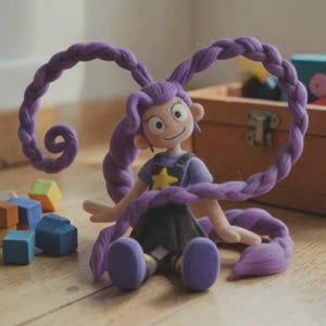 May include: A handcrafted doll with purple, looped, braided hair. The doll is dressed in a purple top with a yellow star, black dungarees, and a black skirt. It sits on a wooden floor, with colourful wooden blocks scattered around.