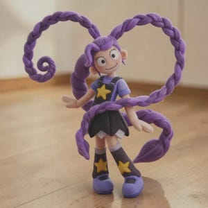 May include: A handcrafted figurine of a cartoon girl with purple braided hair. She's dressed in a blue top, black skirt, and purple shoes and socks, all decorated with yellow stars. The figure stands on a wooden surface.