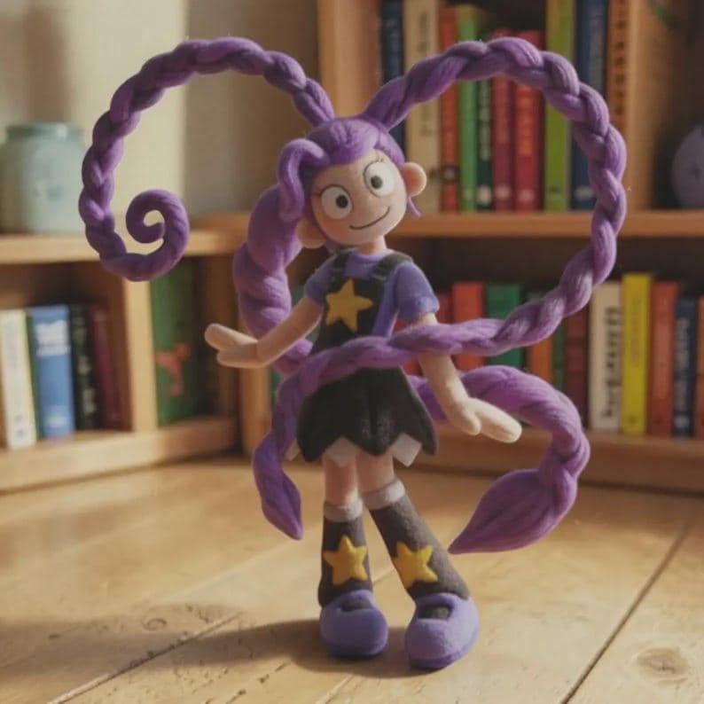 May include: A handcrafted doll with long, plaited purple hair and a matching ensemble. The doll is dressed in a dark blue top with a yellow star, a black skirt, and star-decorated boots. The doll is positioned in front of a bookshelf.