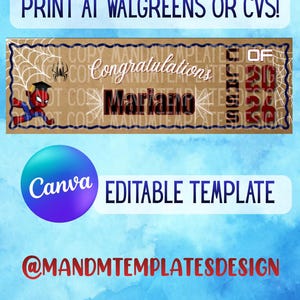 May include: A rectangular graduation banner template featuring a tan background with a dark blue scalloped border. It displays the text Congratulations, Mariano, and Class of 2026, alongside a graphic of a superhero in a graduation cap and spiderwebs.
