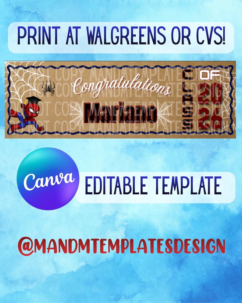 May include: A rectangular graduation banner template featuring a tan background with a dark blue scalloped border. It displays the text Congratulations, Mariano, and Class of 2026, alongside a graphic of a superhero in a graduation cap and spiderwebs.